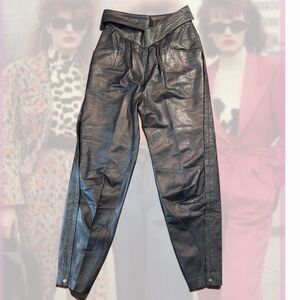VTG TEGO Black Leather Pants 80s Snake Skin Pleated Tapered V-Yoke Moto Rock MD